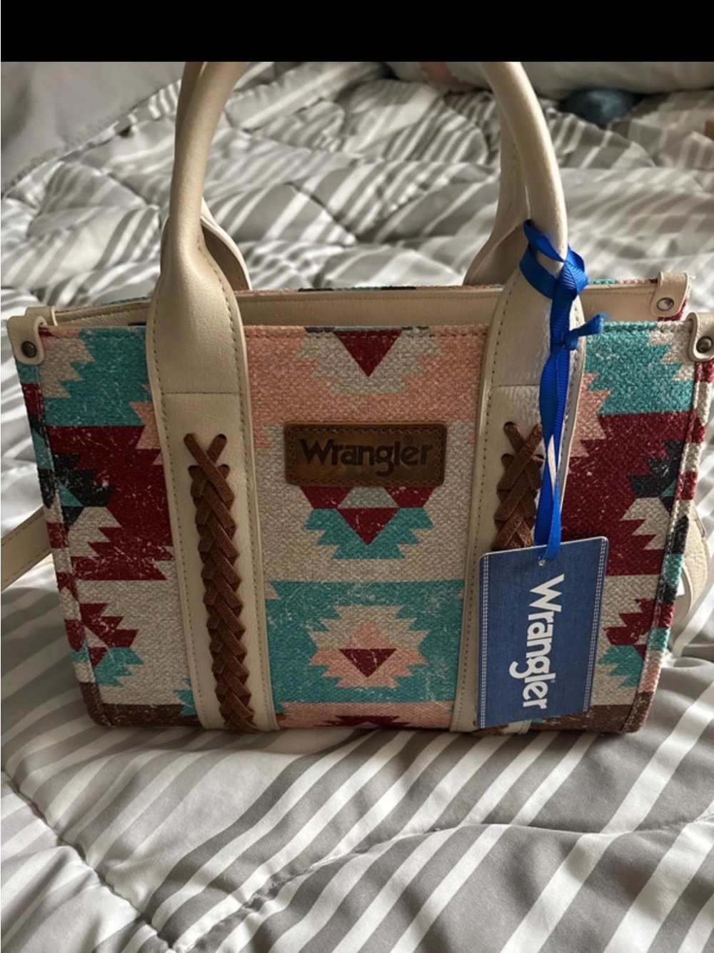 Wrangler Southwestern Pattern Beige & Turquoise Tote Bag